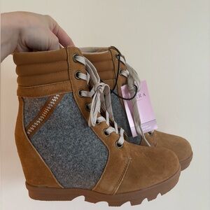 Tan and Gray Wedge Ankle Boots